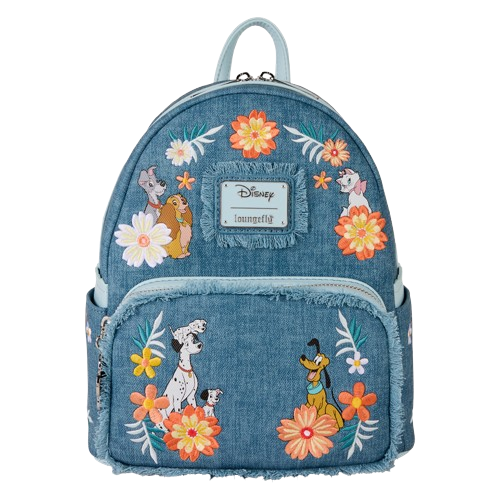 Loungefly - Disney: Dogs & Cats Floral Faux Denim Fringe Mini Backpack